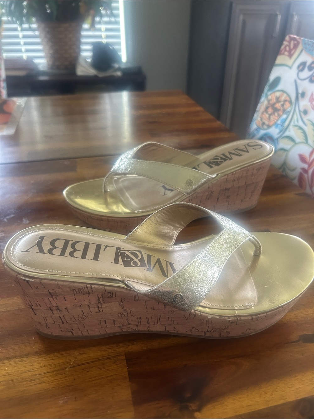 Sam & Libby Metallic Gold Cork Wedge Sandals 9